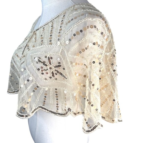 Beaded Sequins OS Capelet Scalloped Shawl Elegant Sheer Vintage Style Ivory - Picture 14 of 16